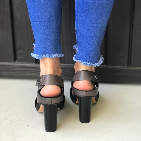 Gray Leather Cut Out Peep Toe Wooden Clog - Picture 5 of 7